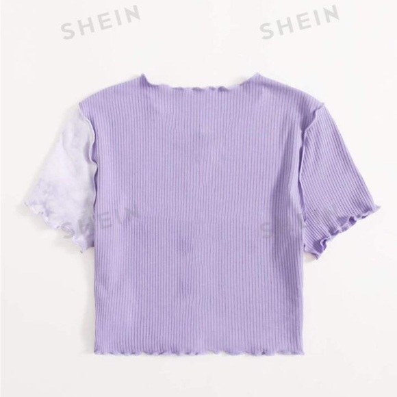 Small SHEIN EZwear Tie Dye Purple Color Block Panel Seam Front Crop Tee - Picture 2 of 7